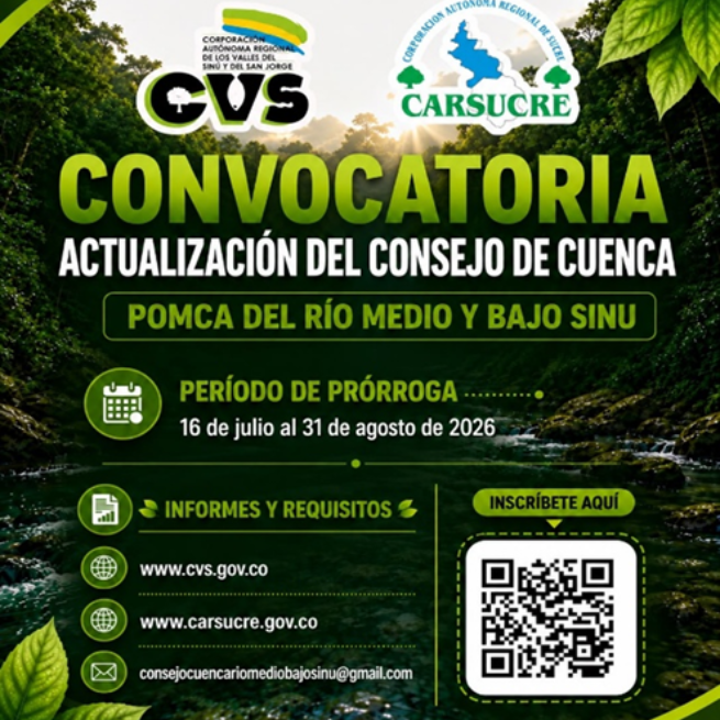 PRORROGA CONVOCATORIA A LA ACTUALIZACIÓN DEL CONSEJO DEL POMCA RÍO MEDIO Y BAJO SINÚ