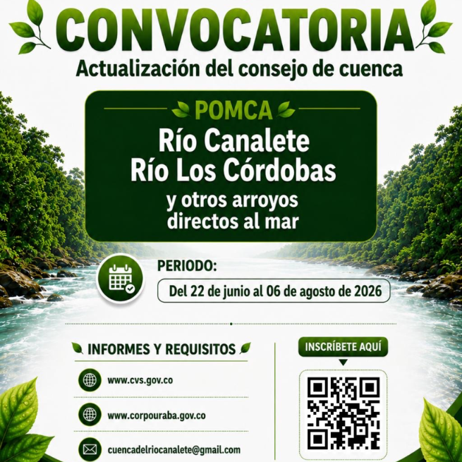 CONVOCATORIA ACTUALIZACIÓN DEL CONSEJO DEL POMCA RÍOS CANALETE Y LOS CÓRDOBAS